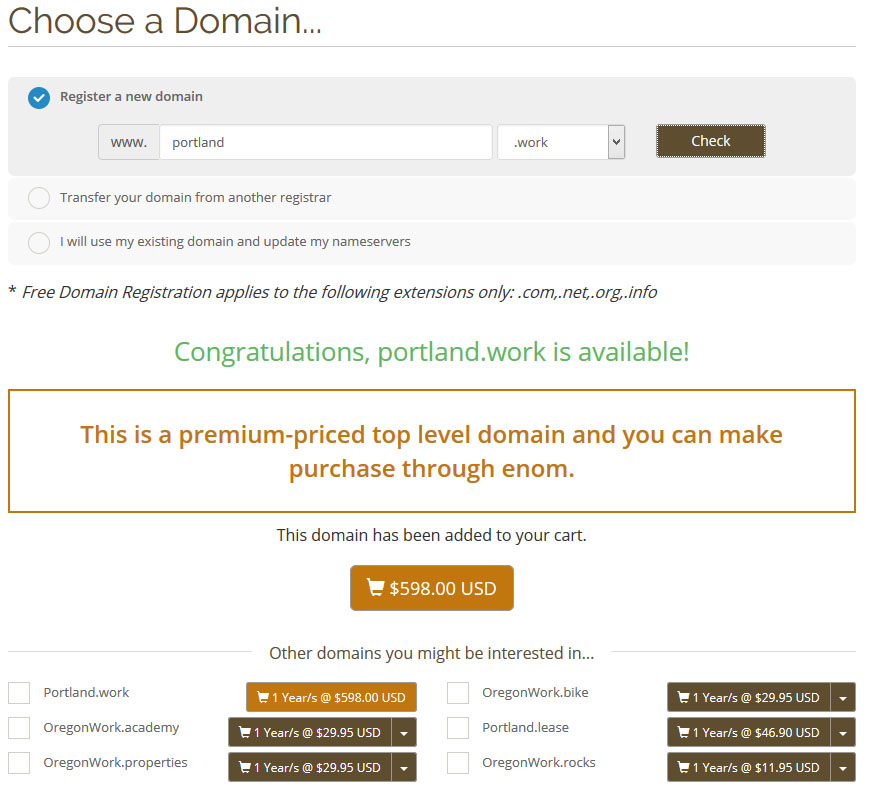 WHMCS eNom Premium Domain portland.work